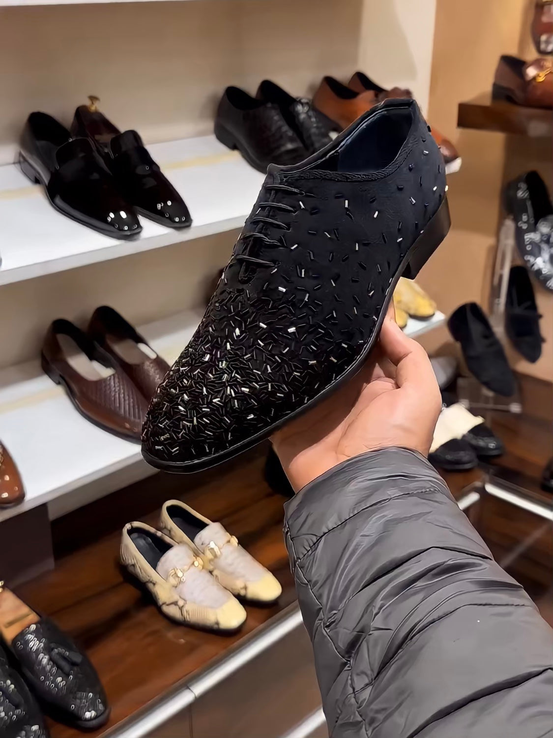 Black N Gold Embroidery Black Suede Oxfords
