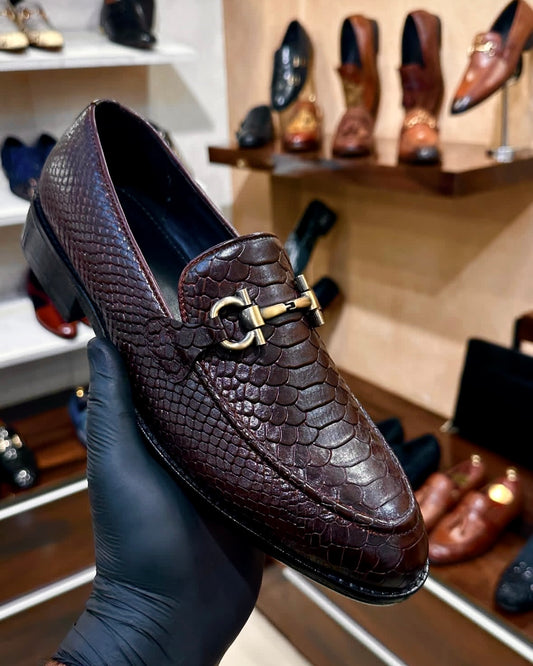 Dark Brown Cobra Scaled Horsebit Loafers
