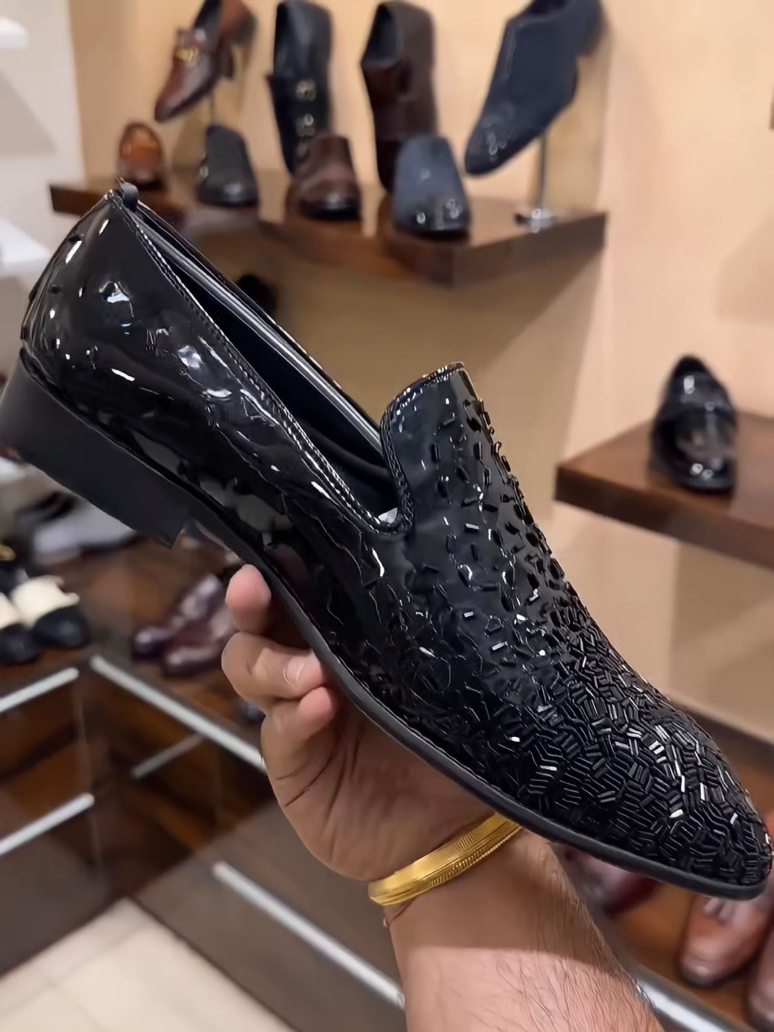 Patent Embroidery Tux Moccasins