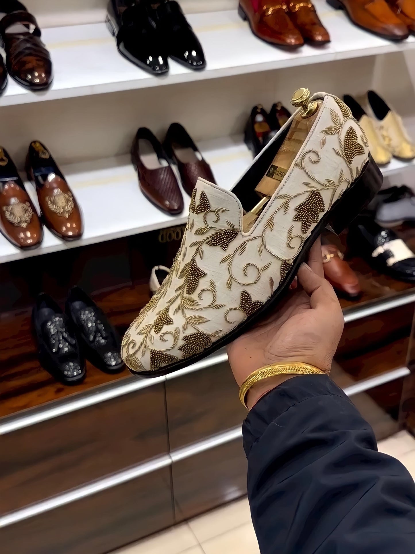 Off-white Raw Silk Hand-embroidered Slip-ons