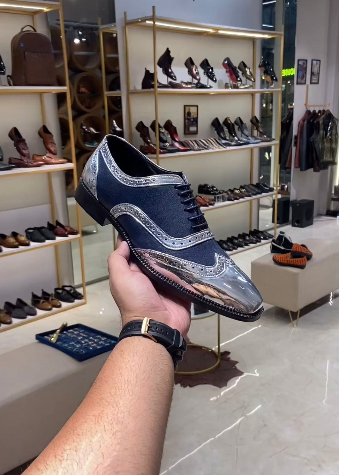 Silver Patent Semi-brogue Wingtip Spectator Oxfords