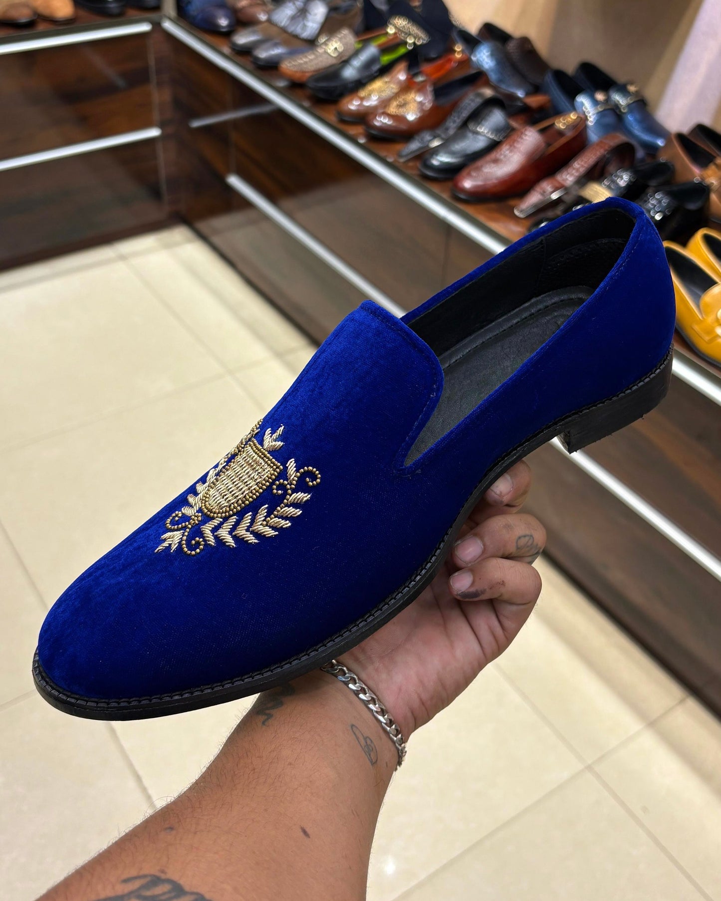 Royal Blue Velvet Hand-embroidered Slip-ons