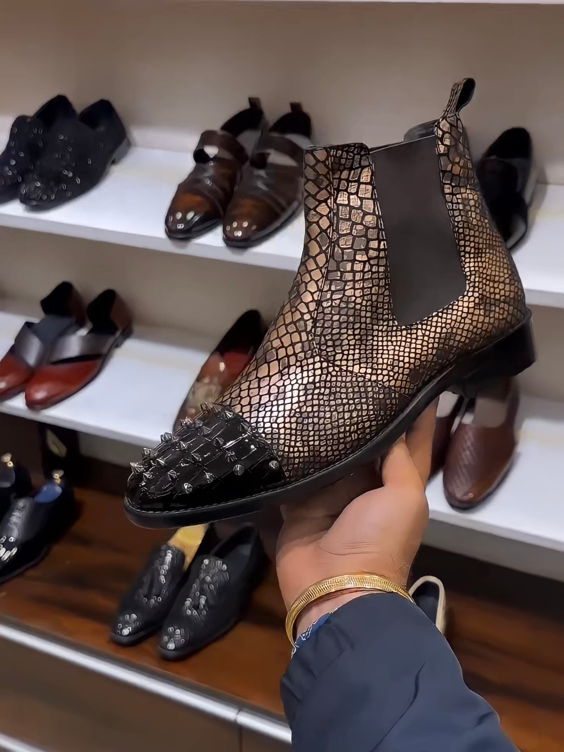 Exotic Gold Snake Scaled Studded Toe Chelsea Boots