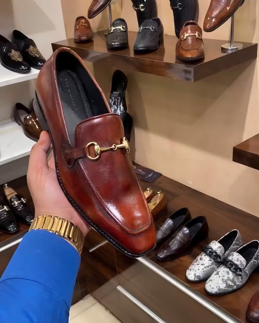 Cognac Patina Italian Crust Leather Loafers
