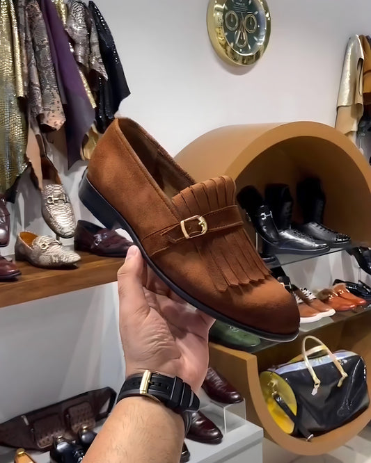 Burnt Smooth Tan Suede Fringes Moccasins
