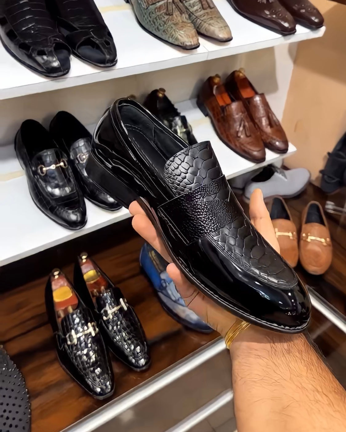 Patent Cobra Scaled Spectator Moccasins