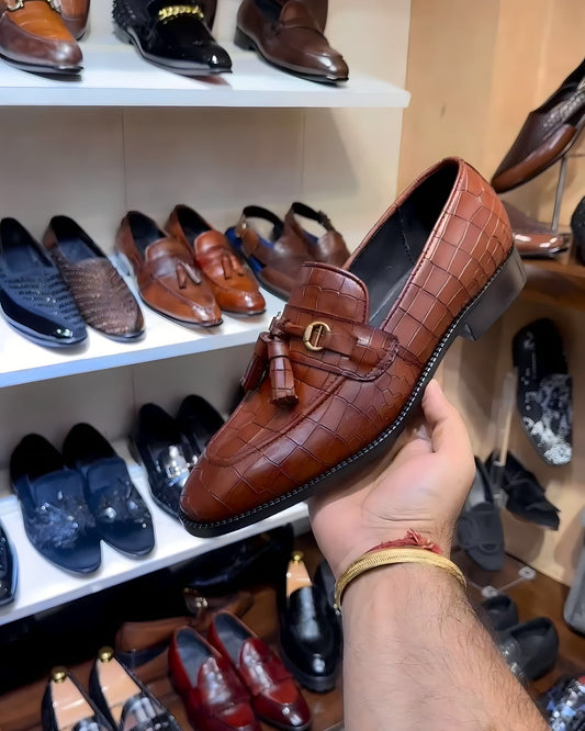 Dark Tan Crocodile Scaled Tassel Loafers