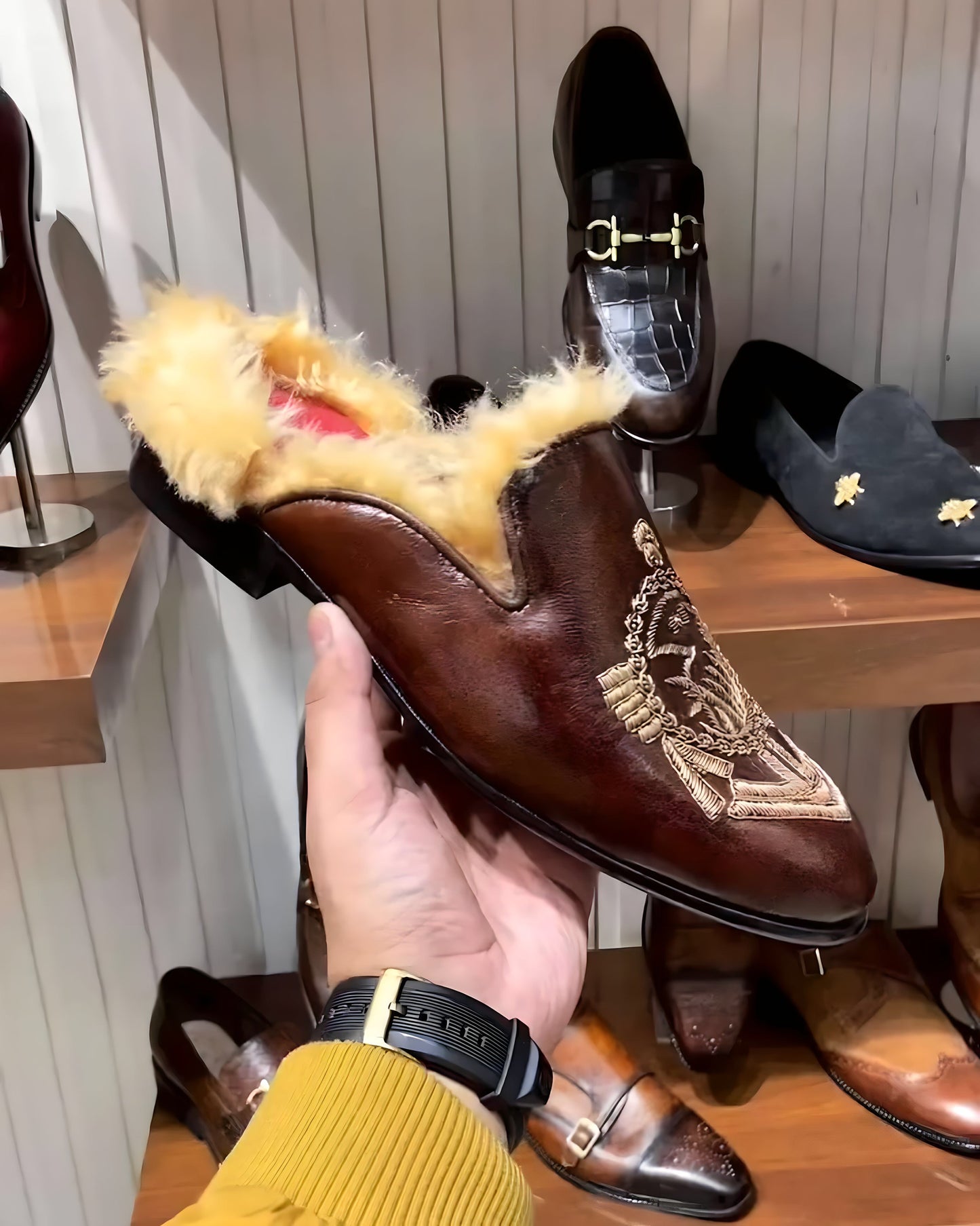 Brown Patina Hand-embroidery Fur Mules
