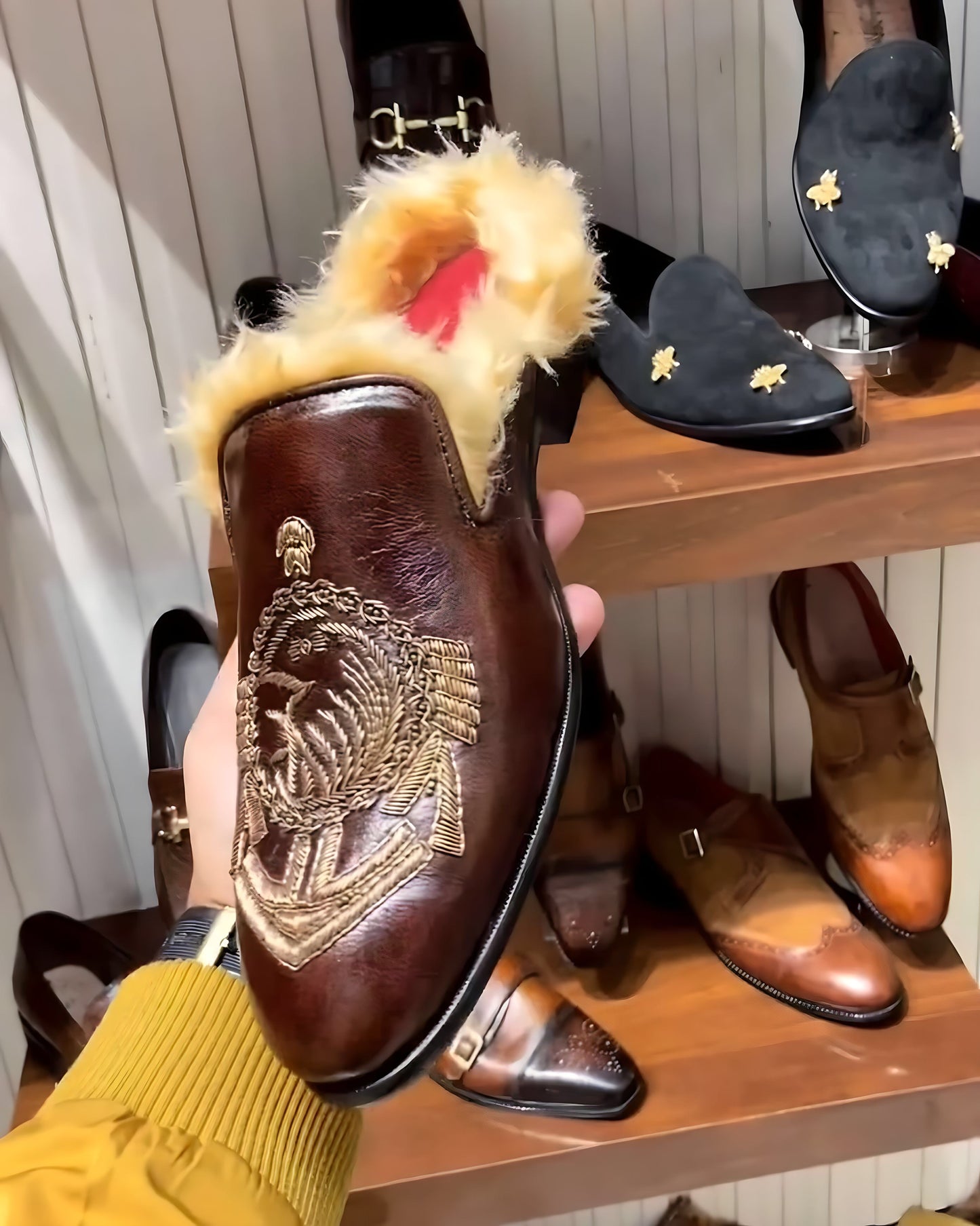 Brown Patina Hand-embroidery Fur Mules