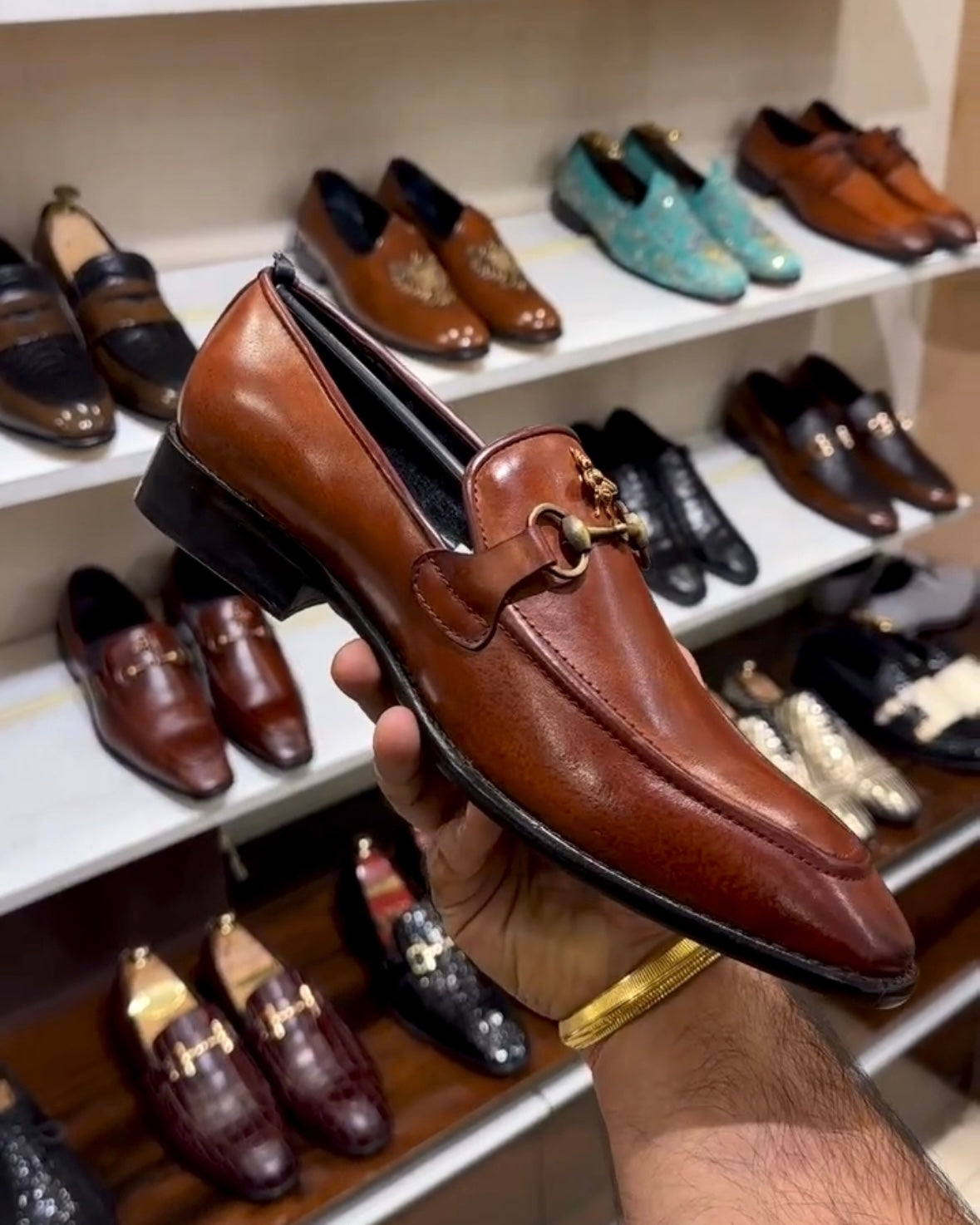 Cognac Tan Horsebit Loafers with Bee