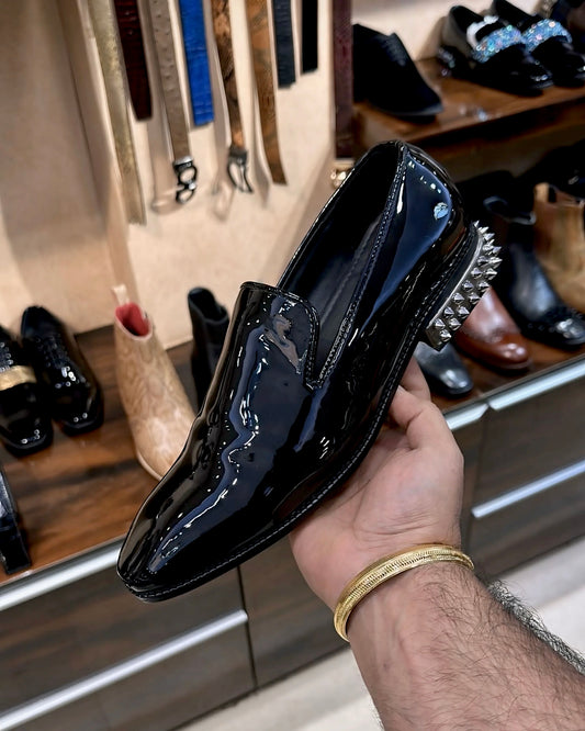 Black Patent Leather Silver Studded Heel Loafers
