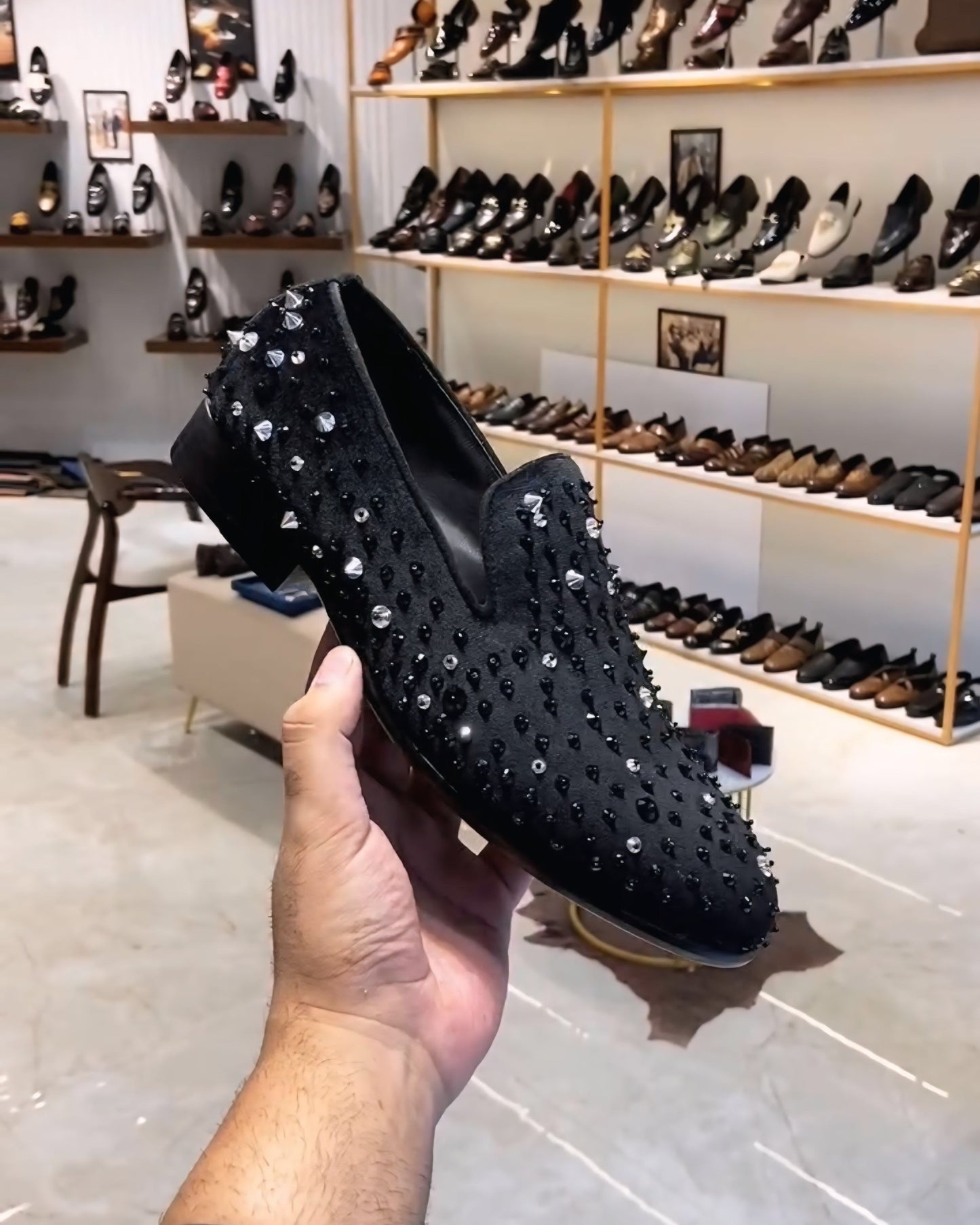 Black Velvet Studded Slip-ons