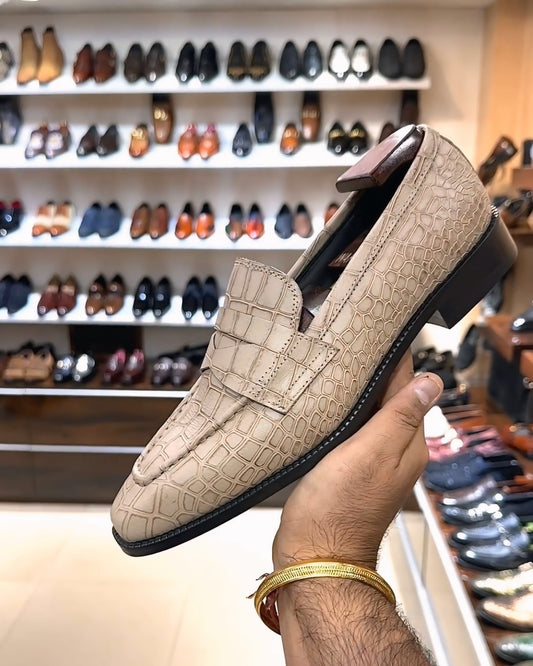 Beige Crocodile Scaled U-Tip Shape Penny Loafers
