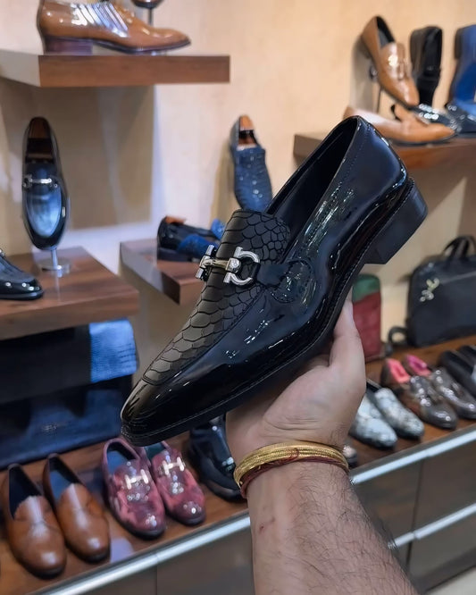 Black Patent Cobra Scaled Moccasins with Silver Metal Buckle