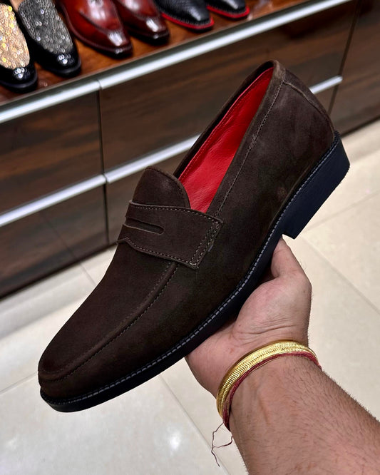 Brown Suede Penny Loafers with Red Lining
