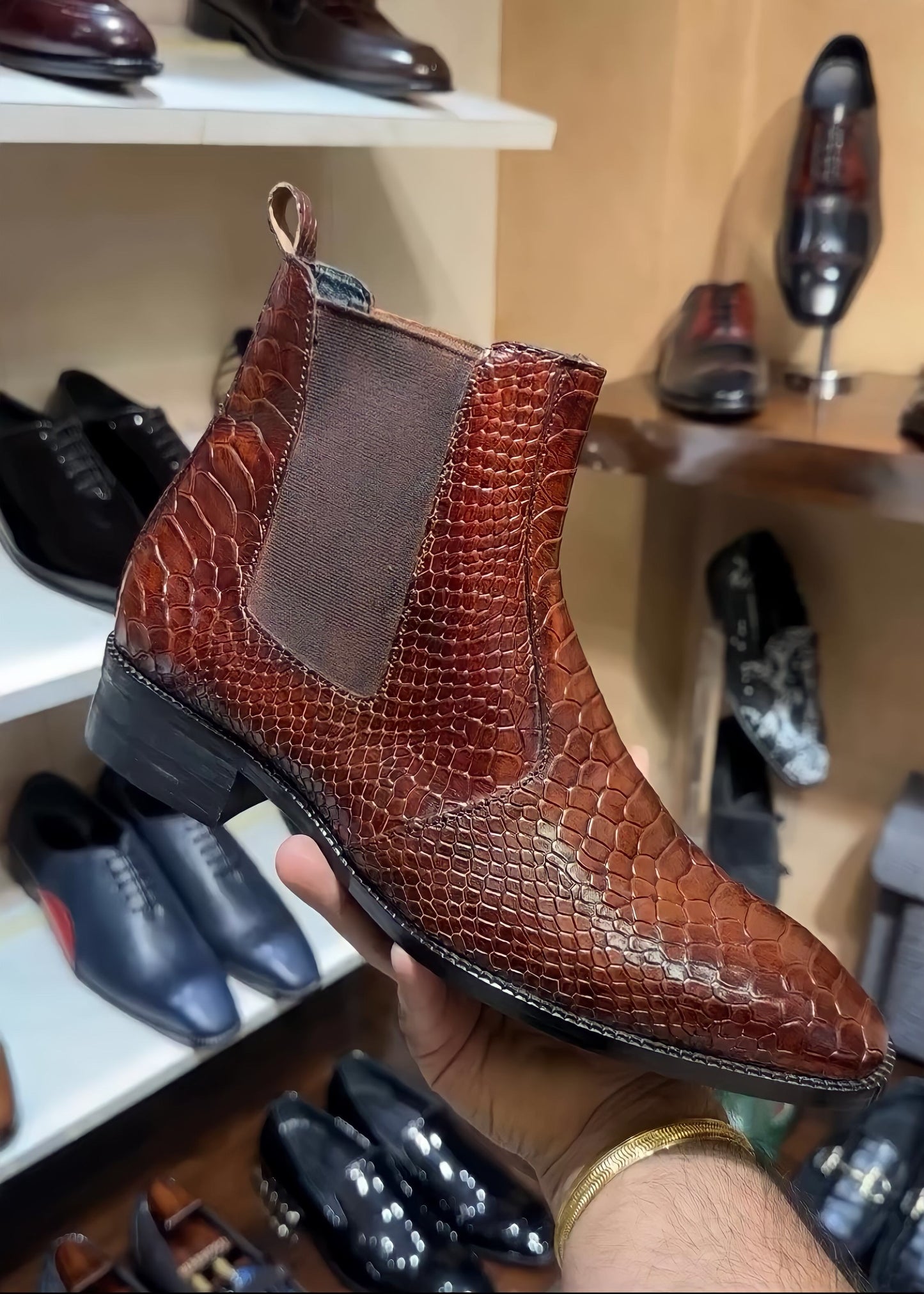 Dark Tan Cobra Scaled Chelsea Boots