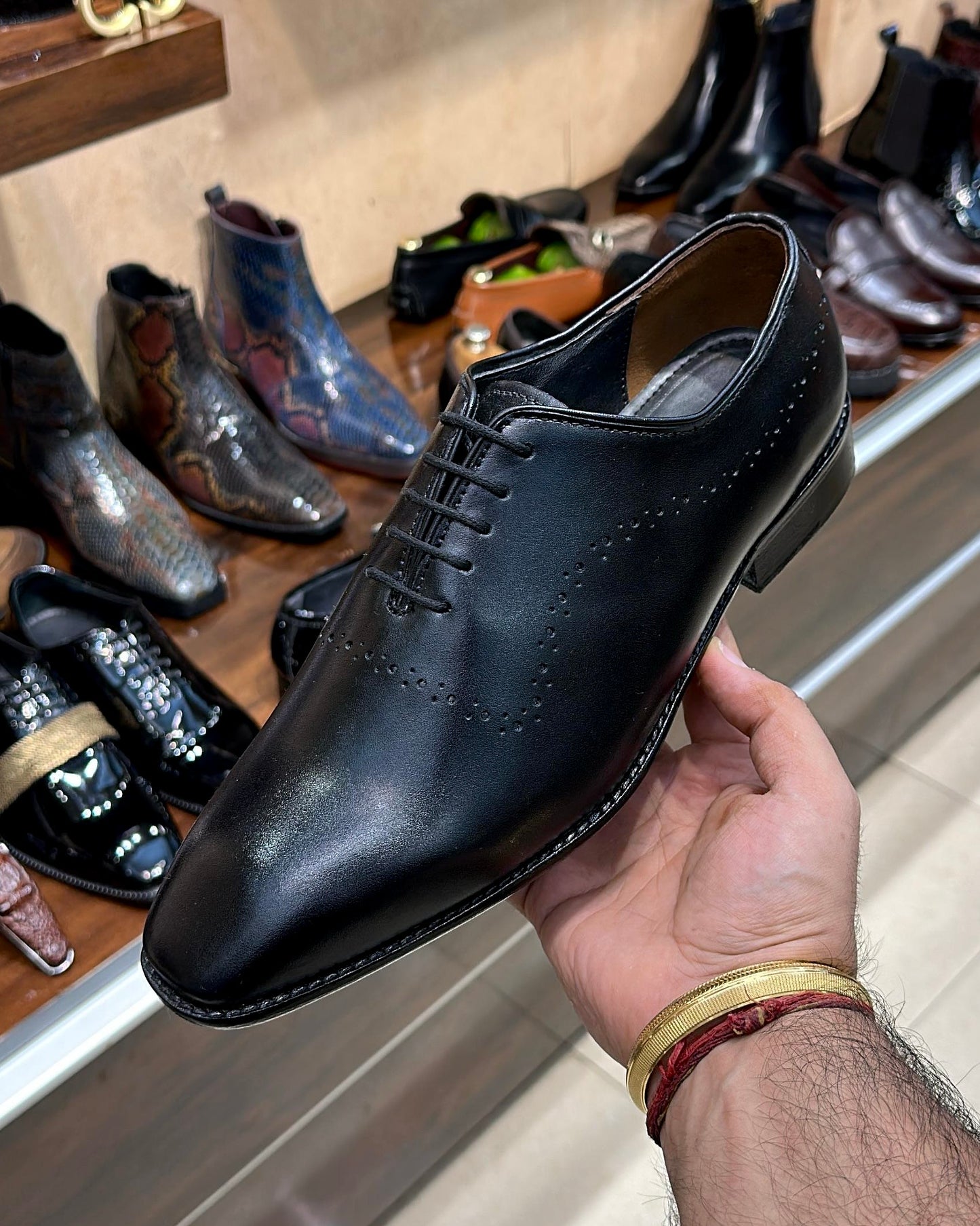 Black Italian Leather Whole-cut Oxfords with Broguing Details