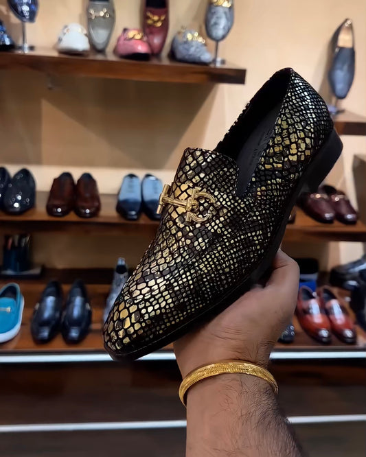 Exotic Gold-black Snake Foil Loafers with Gold Buckle