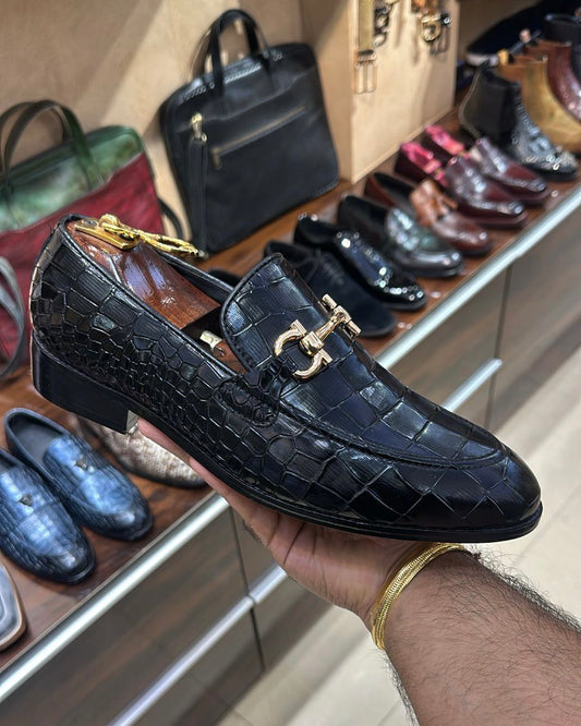 Classic Black Smooth Crocodile Scaled Loafers with Gold Buckle