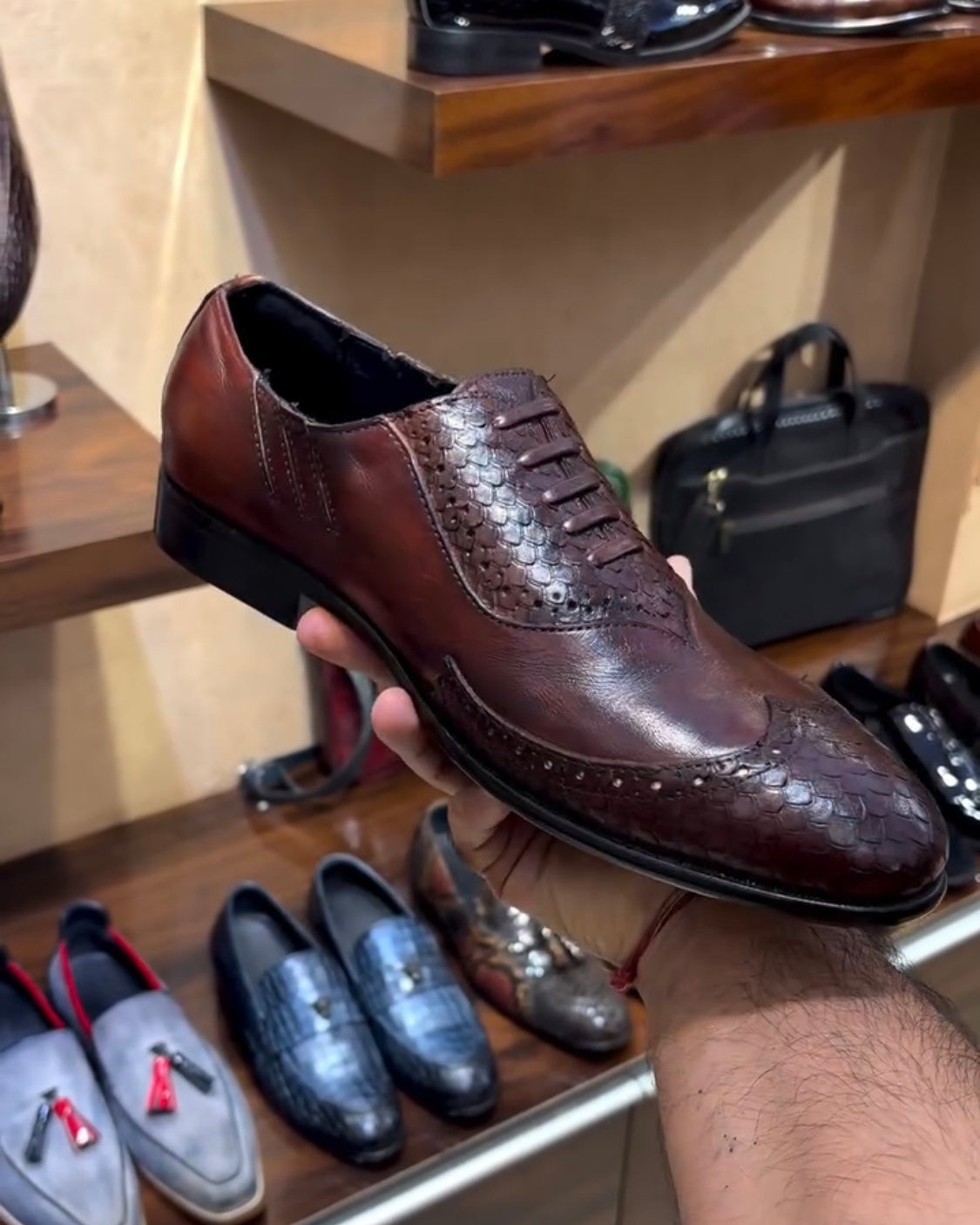 Cognac Patina Cobra Scaled Wing-tip Oxfords