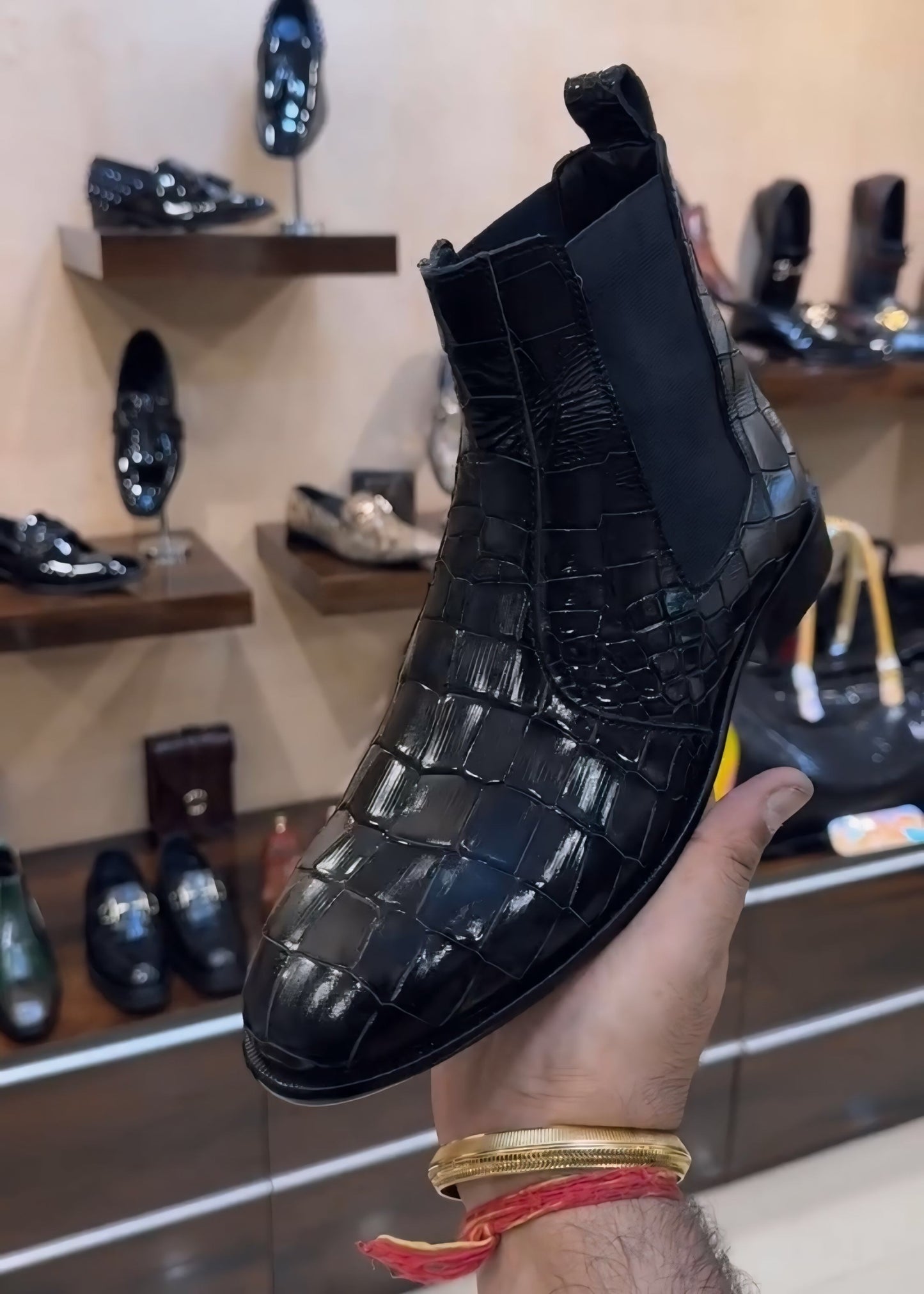 Mirror Gloss Black Crocodile Scaled Chelsea Boots