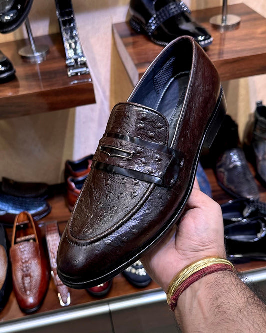 Exotic Dark Brown Ostrich Scaled Penny Loafers