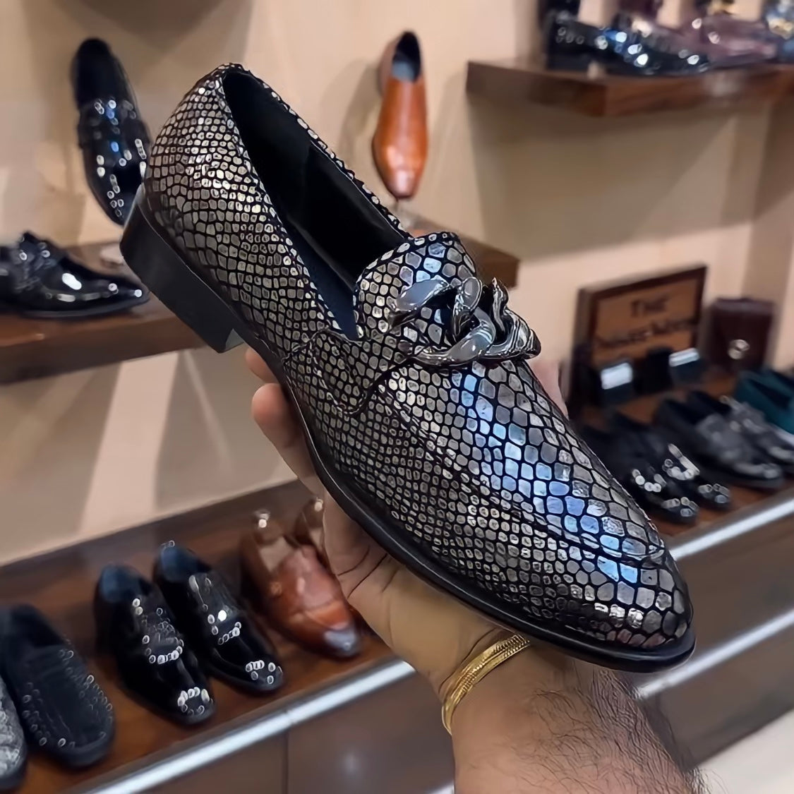 Exotic Silver Snake Foil Moccasins with Silver Chain Buckle