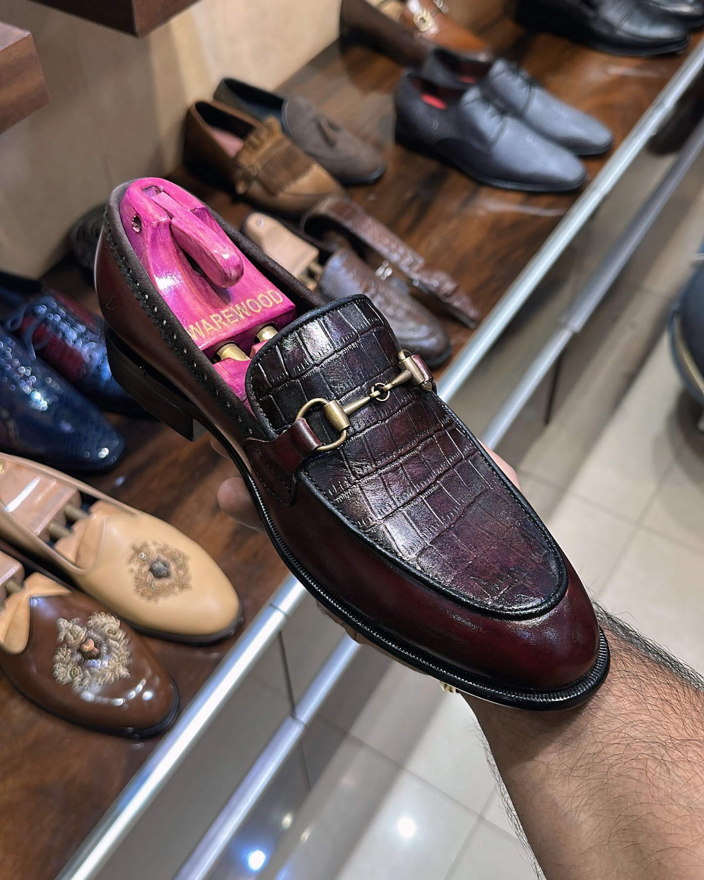 Wine Metallic Croc Scaled Moccasins with Antique Buckle