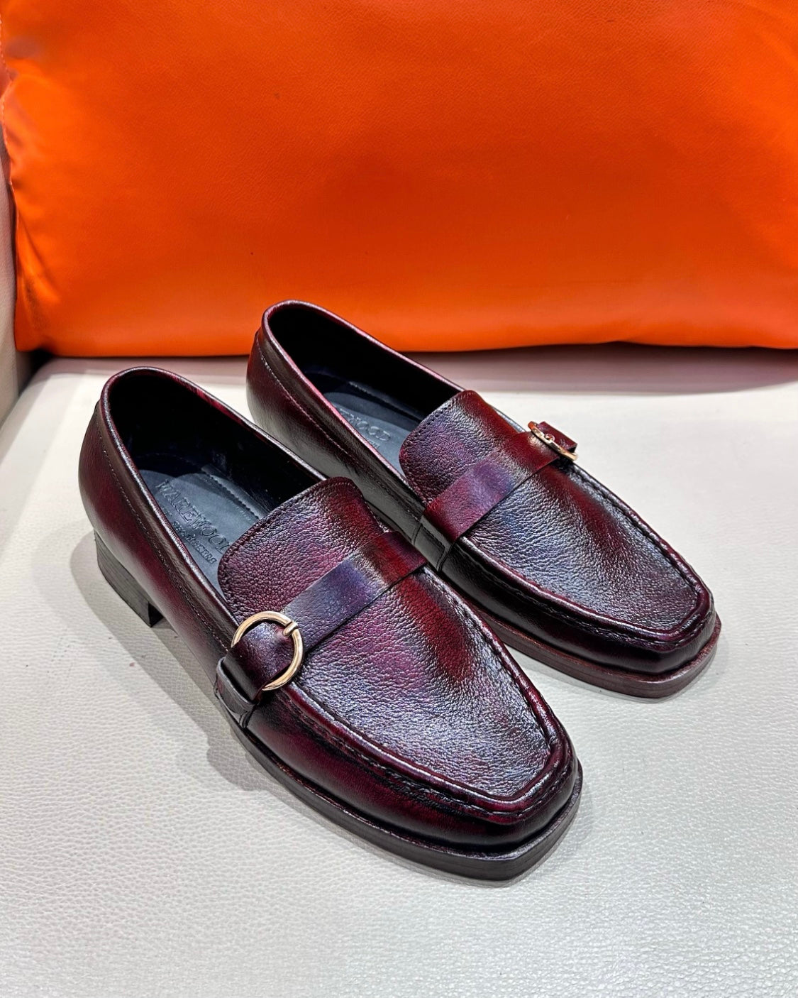 Wine Natural Grain Leather Single Monk Loafers with Leather Sole