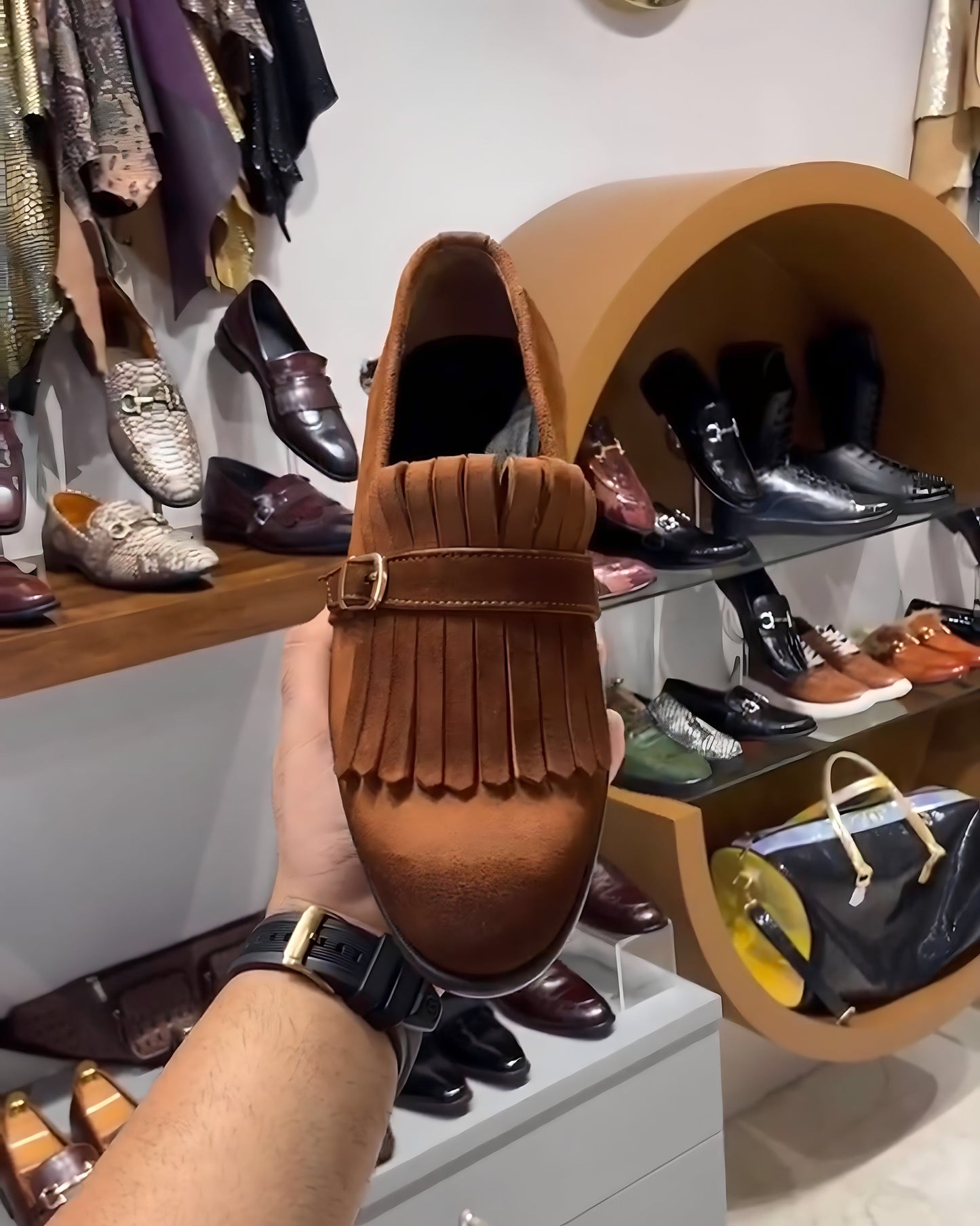 Burnt Smooth Tan Suede Fringes Moccasins