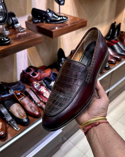 Burgundy Crocodile Scaled Slip-on Loafers
