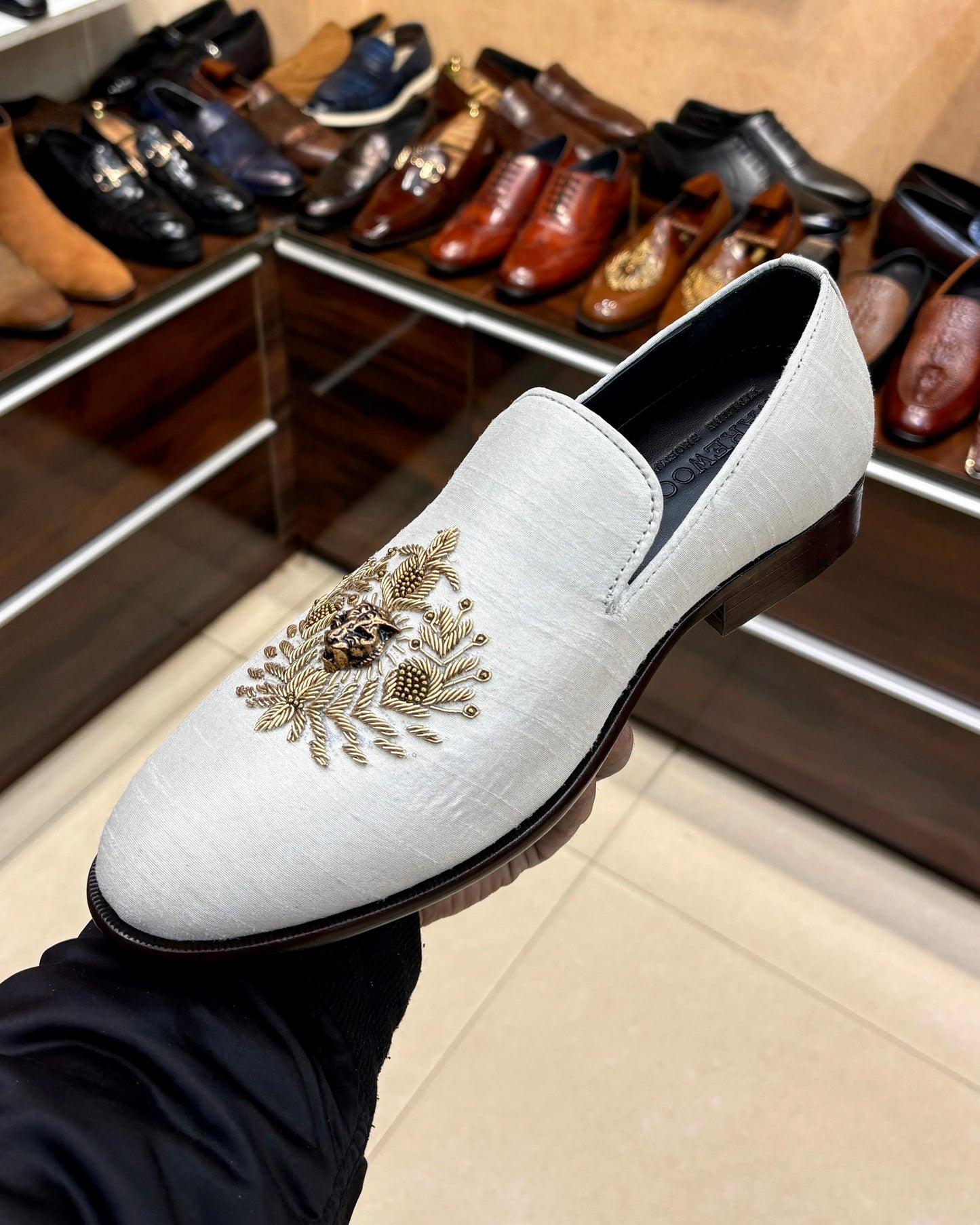 White Raw Silk Hand-embroidered Loafers
