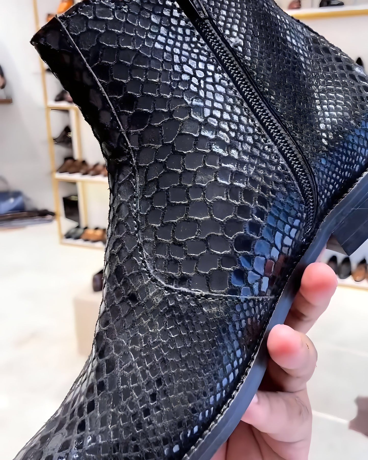 Black Signature Snake Foil Zipper Boots