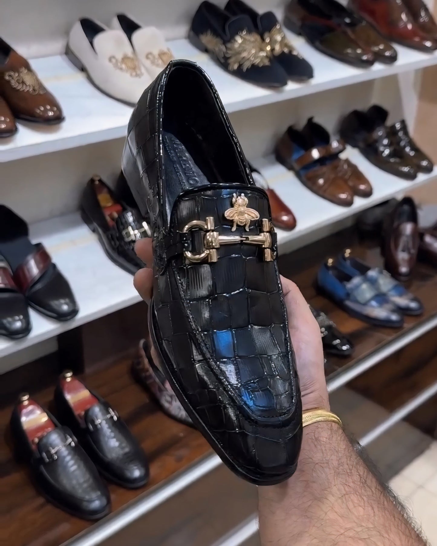 Smooth Crocodile Scaled Moccasins with Bee