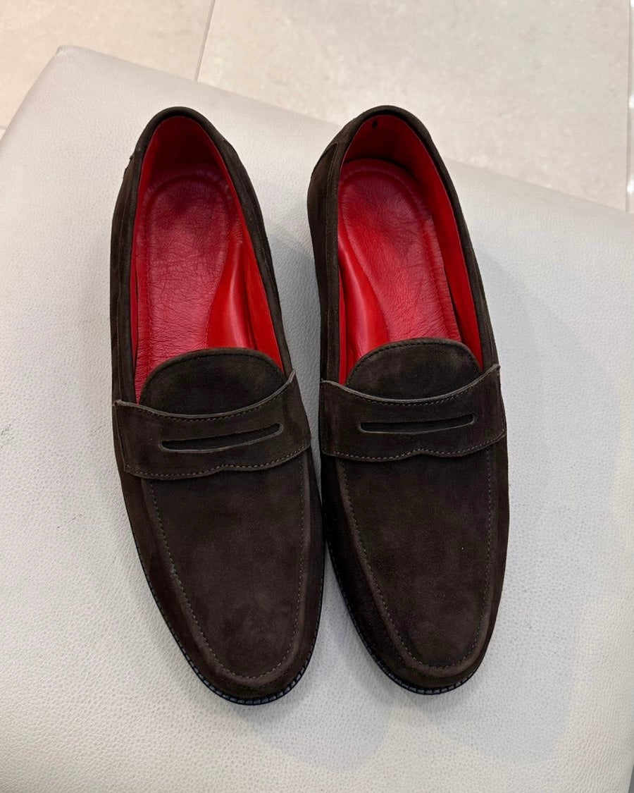 Brown Suede Penny Loafers with Red Lining