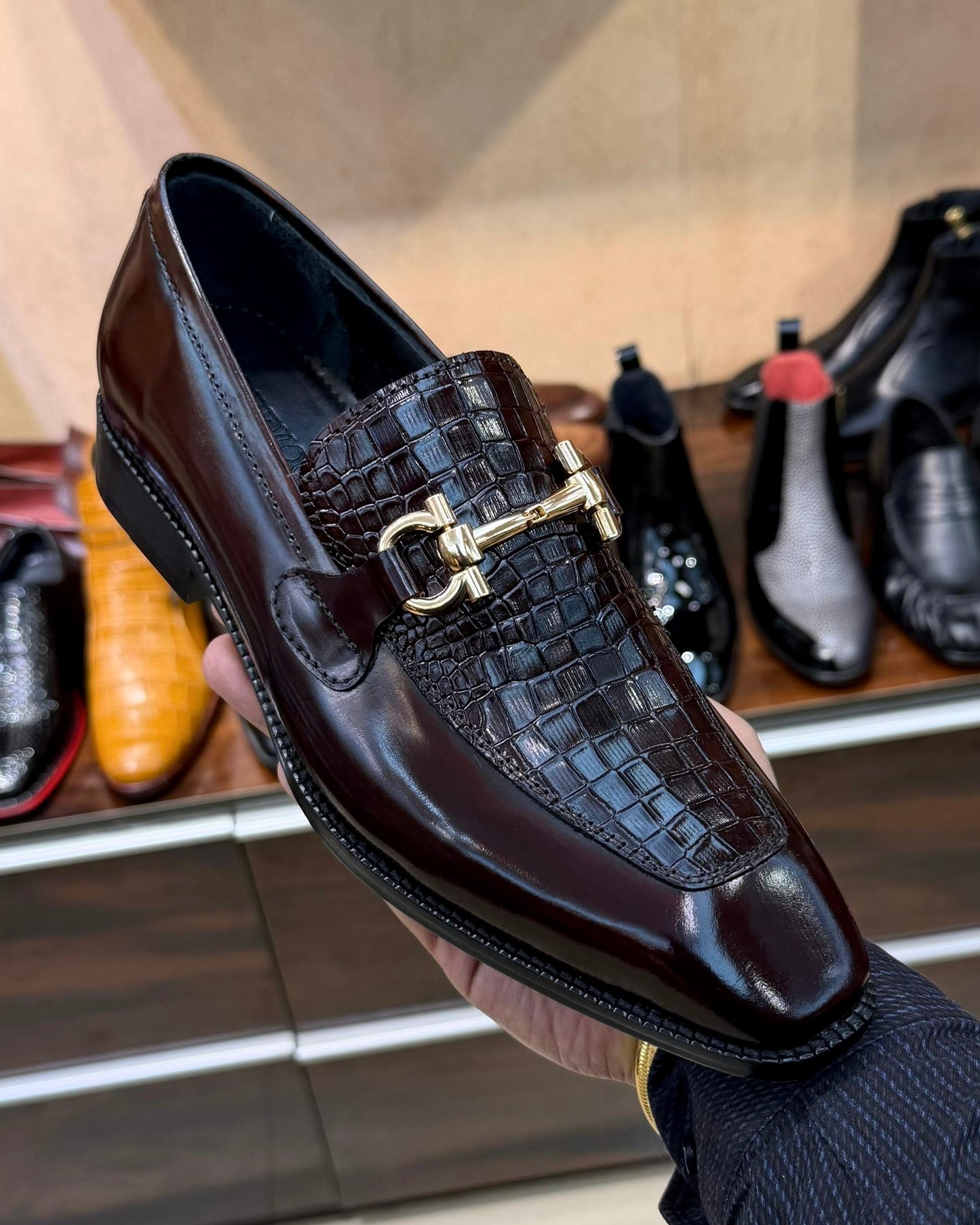 Espresso Brown Croco Gold Horsebit Loafers