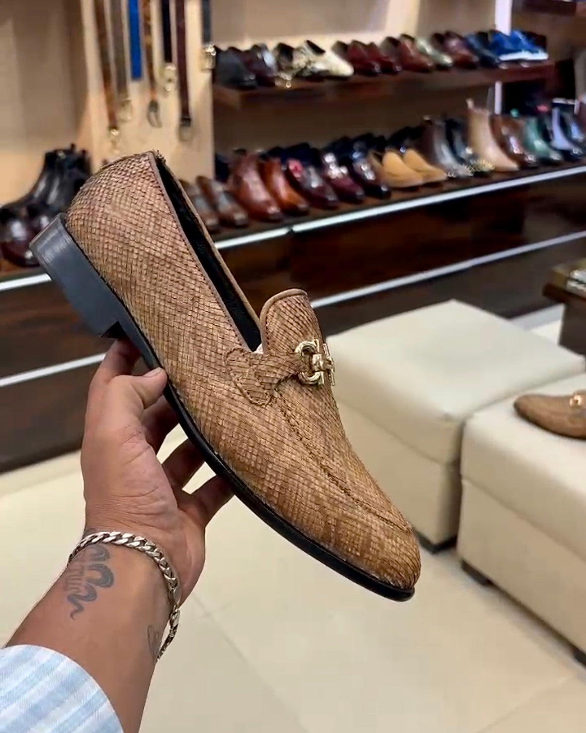 Exotic Beige Snake Pattern Horsebit Loafers