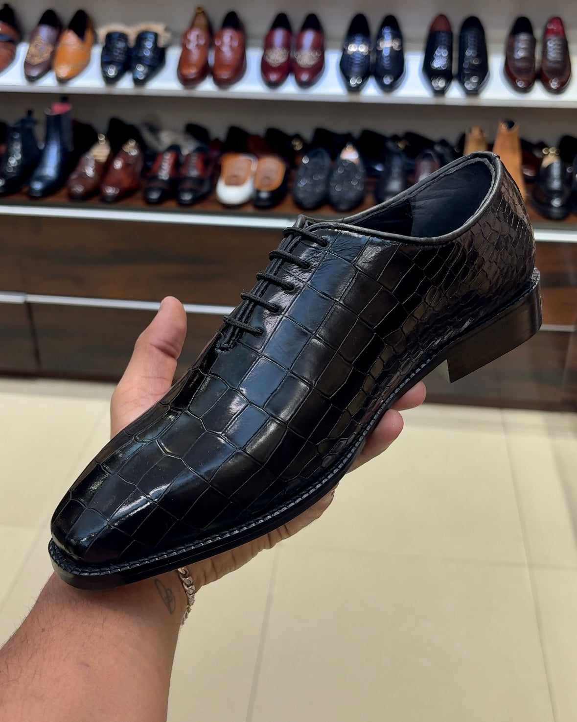 Black Crocodile Scaled Whole-cut Oxfords