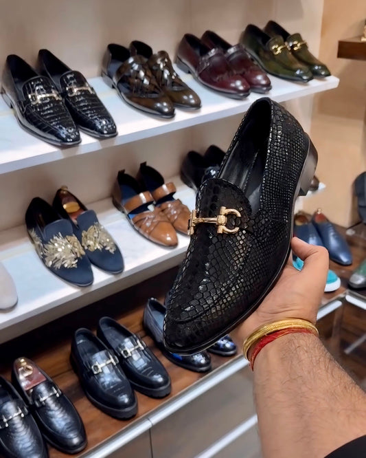 Signature Black Snake Foil Round Toe Moccasins