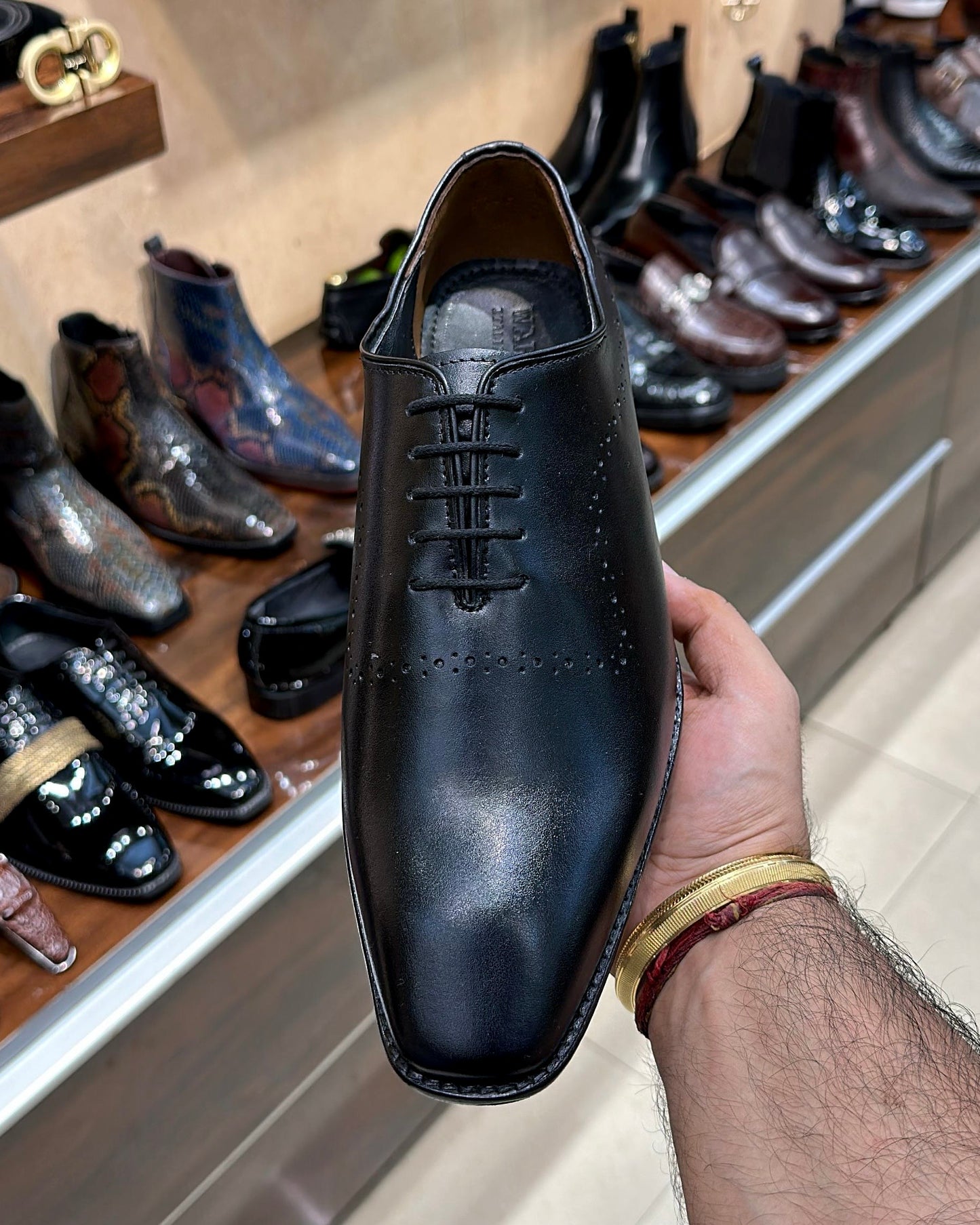 Black Italian Leather Whole-cut Oxfords with Broguing Details