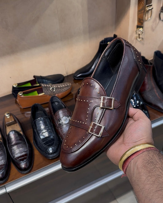 Brown Patina Double Monk Strap Loafers