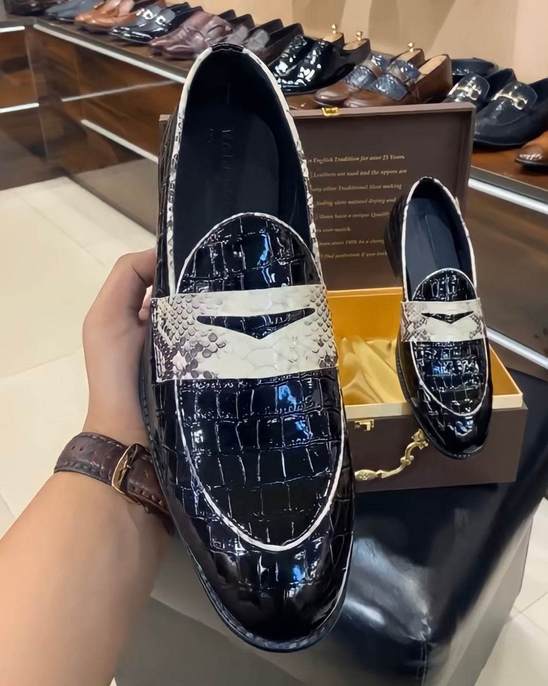Black Patent Croco Python Strap Slip-ons