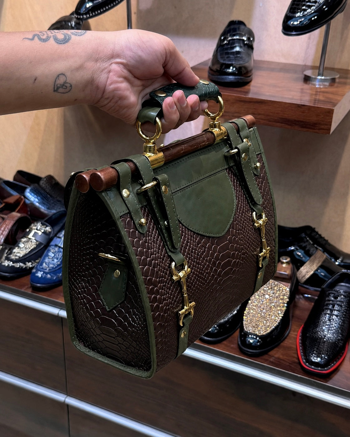 Dark Brown And Olive Green Handbag