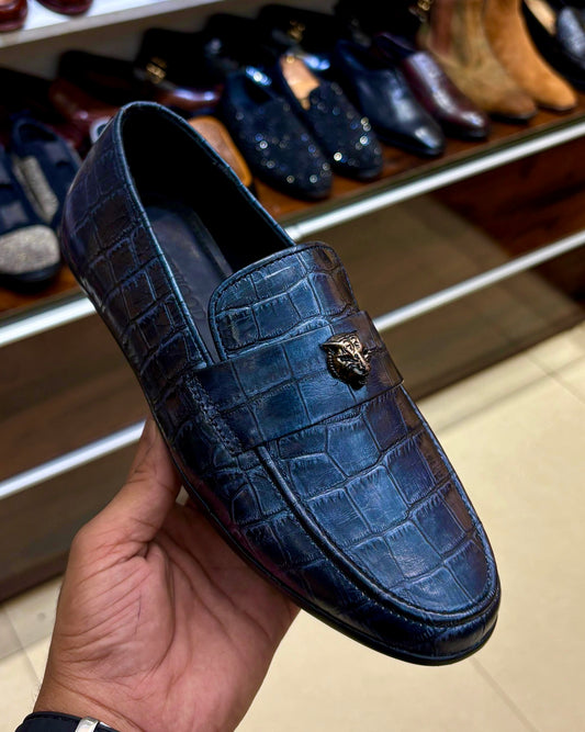Midnight Blue Crocodile Scaled Driving Loafers