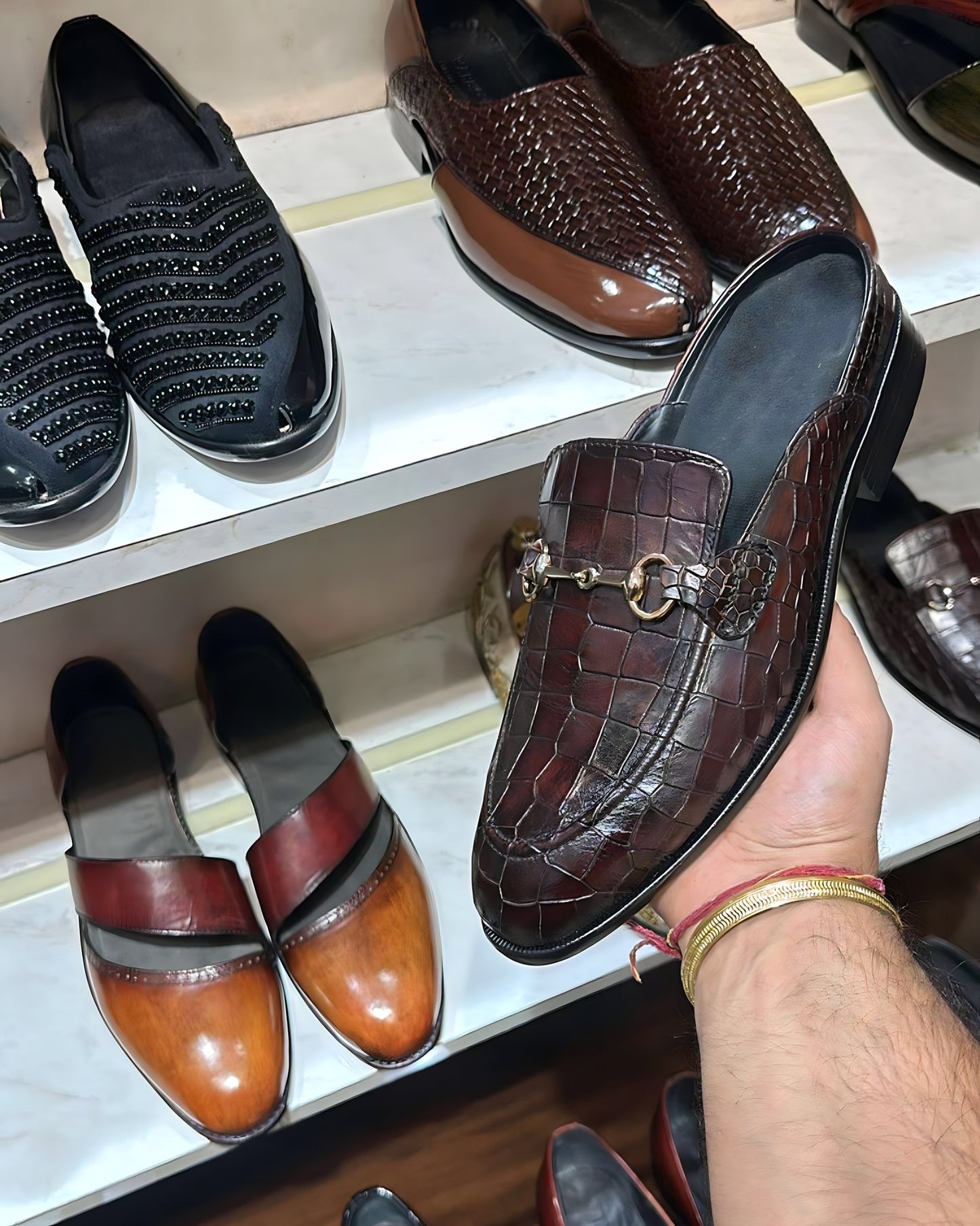 Classic Burnished Brown Crocodile Mules