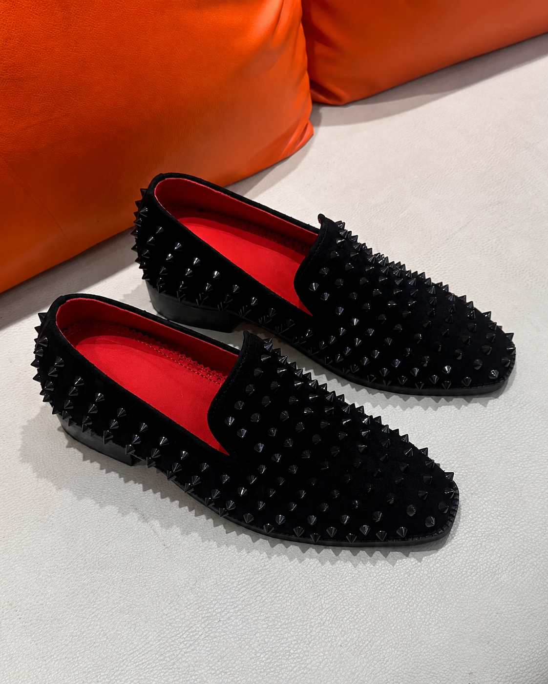 Black Suede Studded Loafers with Red Lining & Red Bottoms