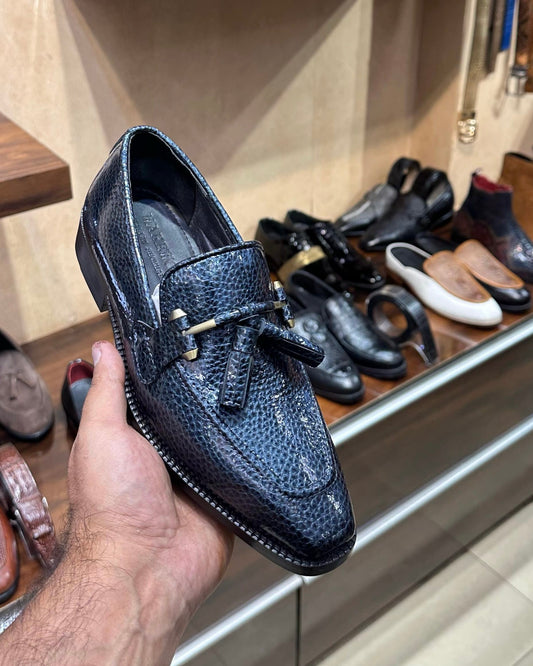Aqua Blue Patent Stingray Scaled Tassel Loafers