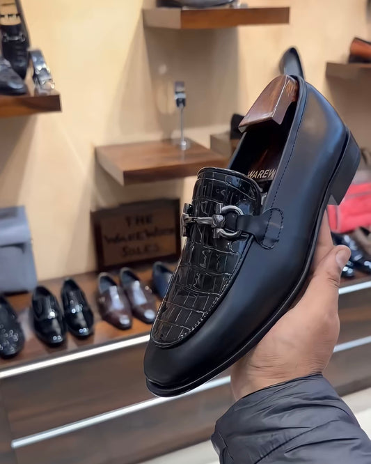 Matt Black Patent Croc Scaled Loafers with Silver Buckle