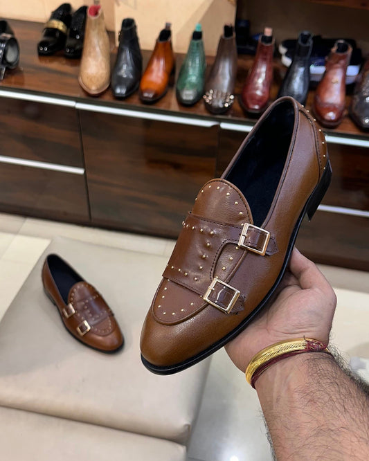 Caramel Brown Patina Double Monk Loafers