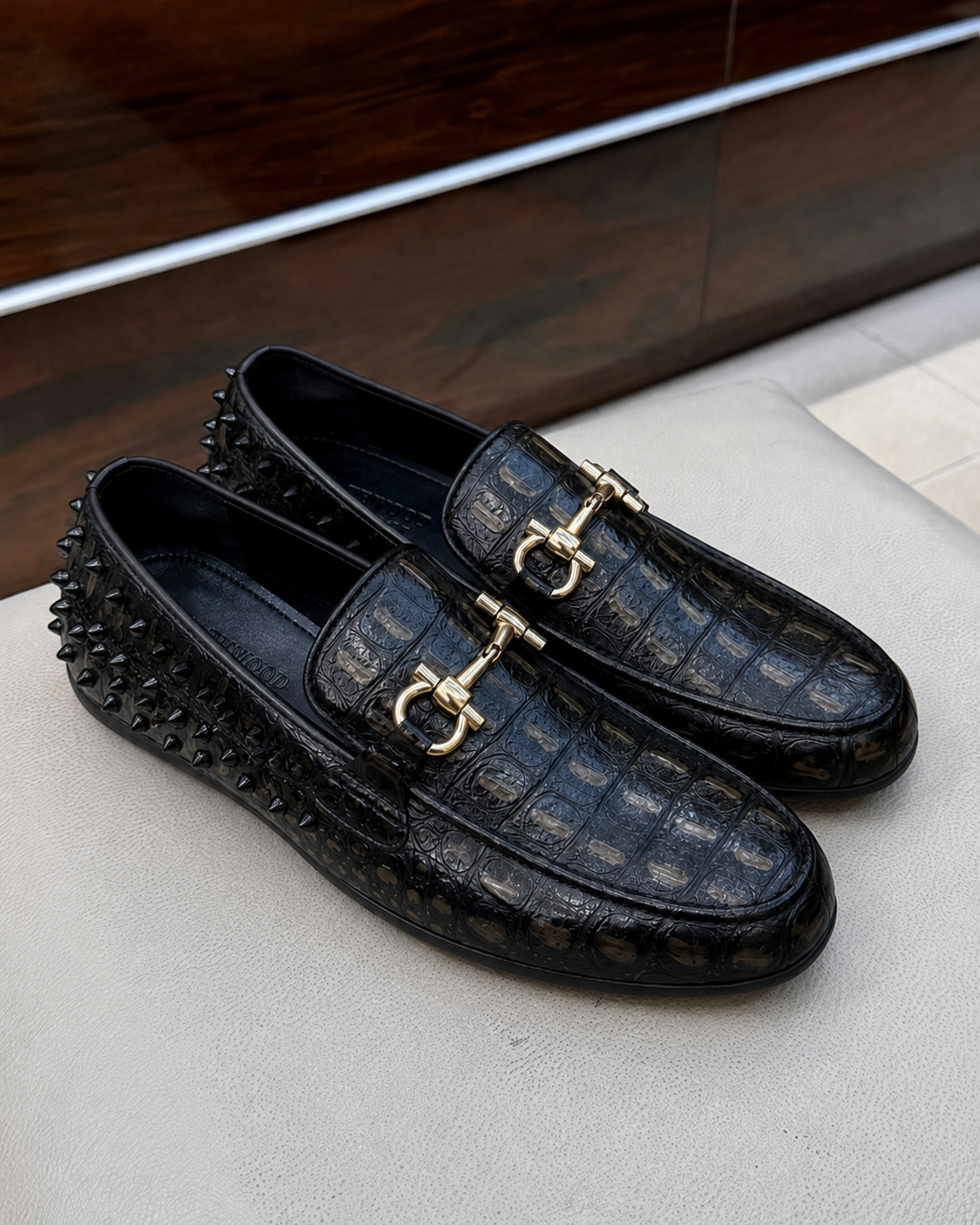 Black Alligator Studded Horsebit Driving Loafers